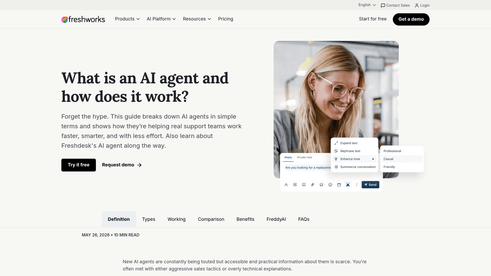 The Freshworks reply editor showing Freddy's AI writing tools, expand text, rephrase, and enhance tone with Professional, Casual, and Friendly options, as shown on Freshworks' own site