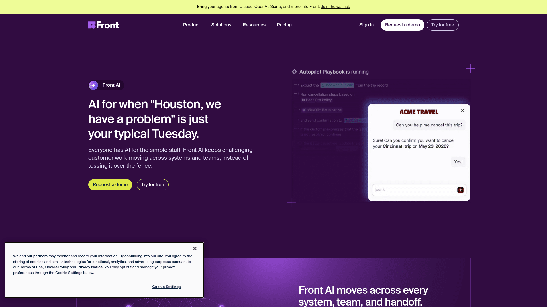 The Front AI product page showing an Autopilot Playbook running alongside a customer chat, as taken from Front.