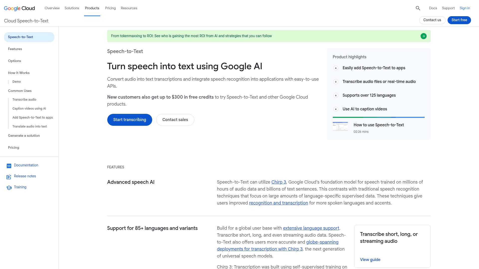 The Google Cloud Speech-to-Text product page mentioning the Chirp 3 model, as taken from Google Cloud