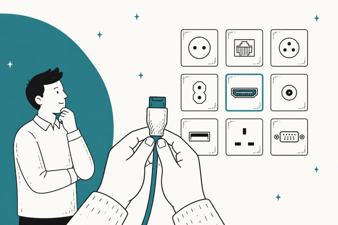 A pair of hands holding a single connector plug in front of a wall of nine differently shaped sockets, only one of which matches
