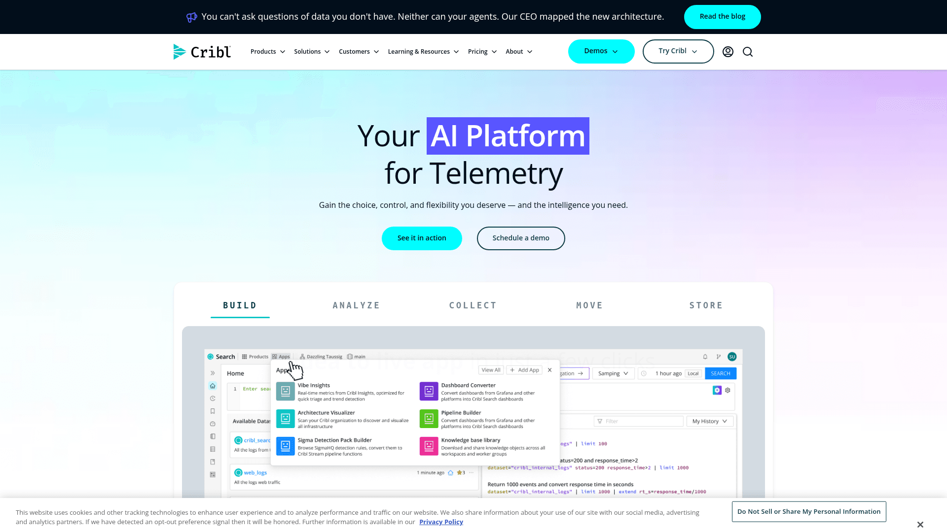 Cribl homepage showing its telemetry pipeline positioning, as taken from Cribl