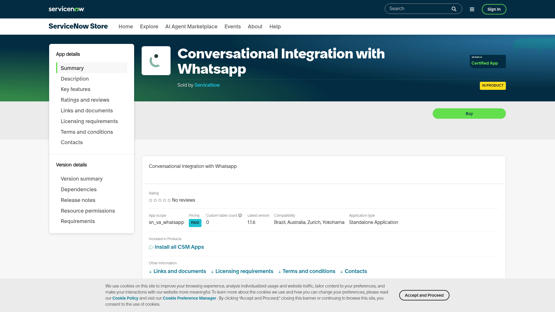 The ServiceNow Store listing for Conversational Integration with Whatsapp, sold by ServiceNow, showing app scope sn_va_whatsapp, Paid pricing, version 1.1.6 and Brazil, Australia, Zurich and Yokohama compatibility, as taken from the ServiceNow Store