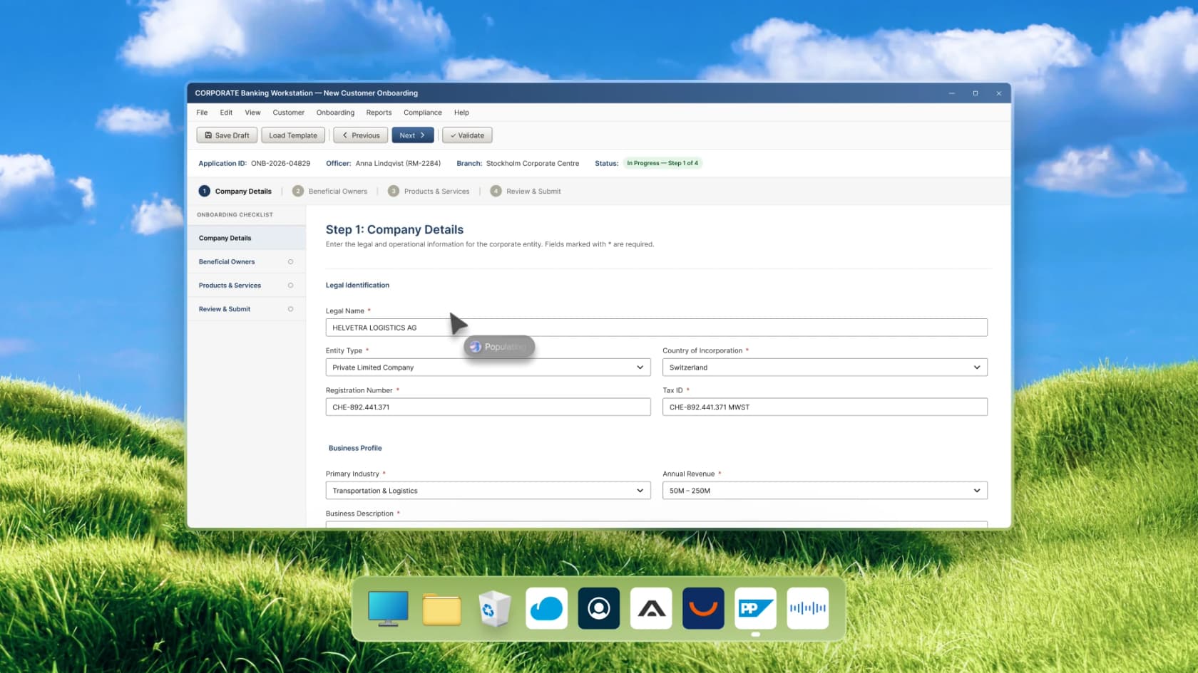 Wonderful agent filling in a corporate banking onboarding form, with a 'Populating' cursor badge, as taken from Wonderful