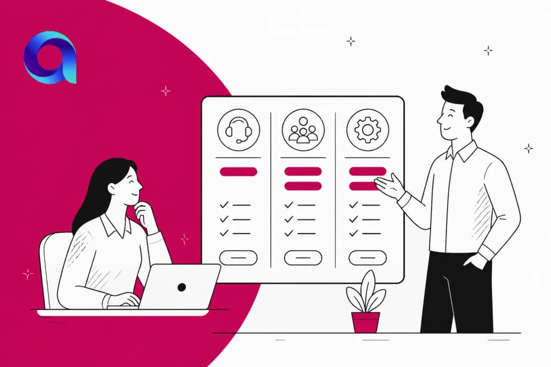 Illustration of two colleagues reviewing Apps 365 Helpdesk 365 pricing plan cards