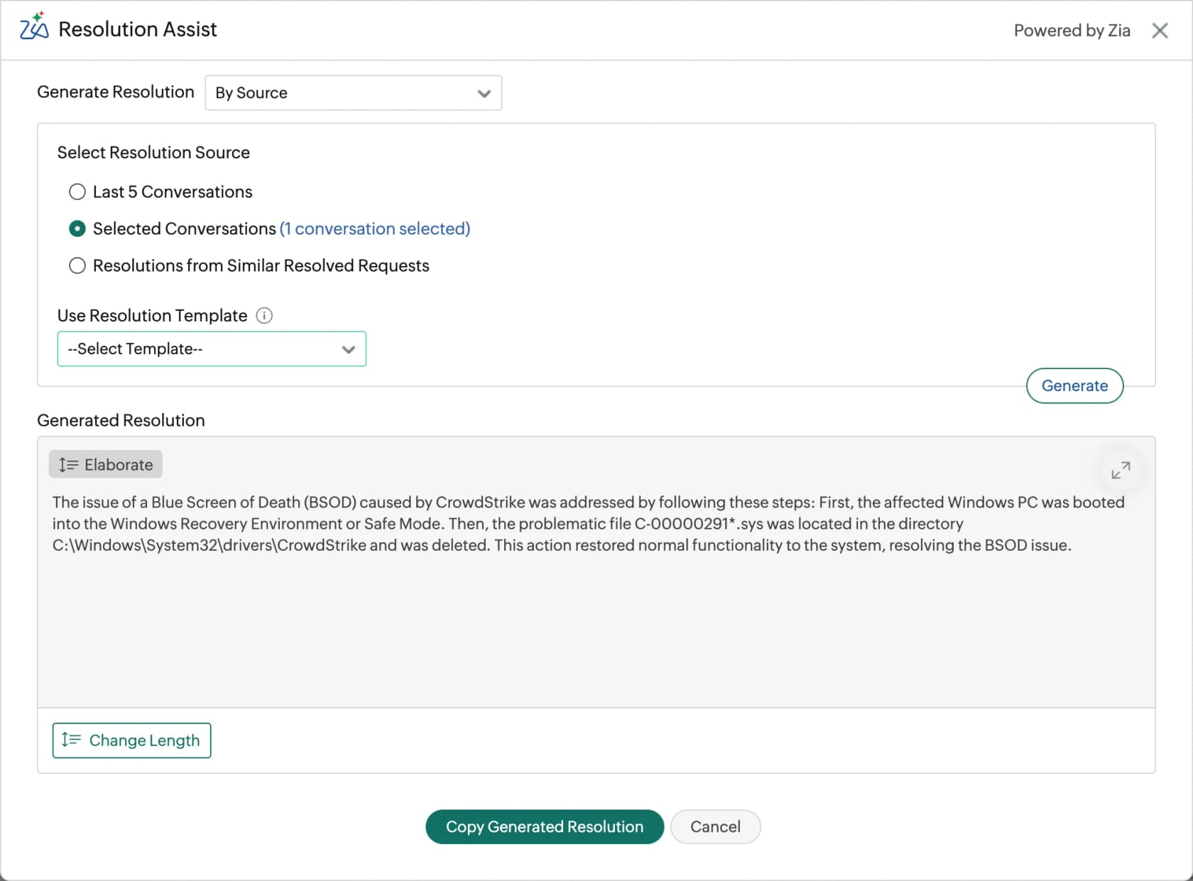 The ManageEngine ticket resolution assist panel, as taken from ManageEngine