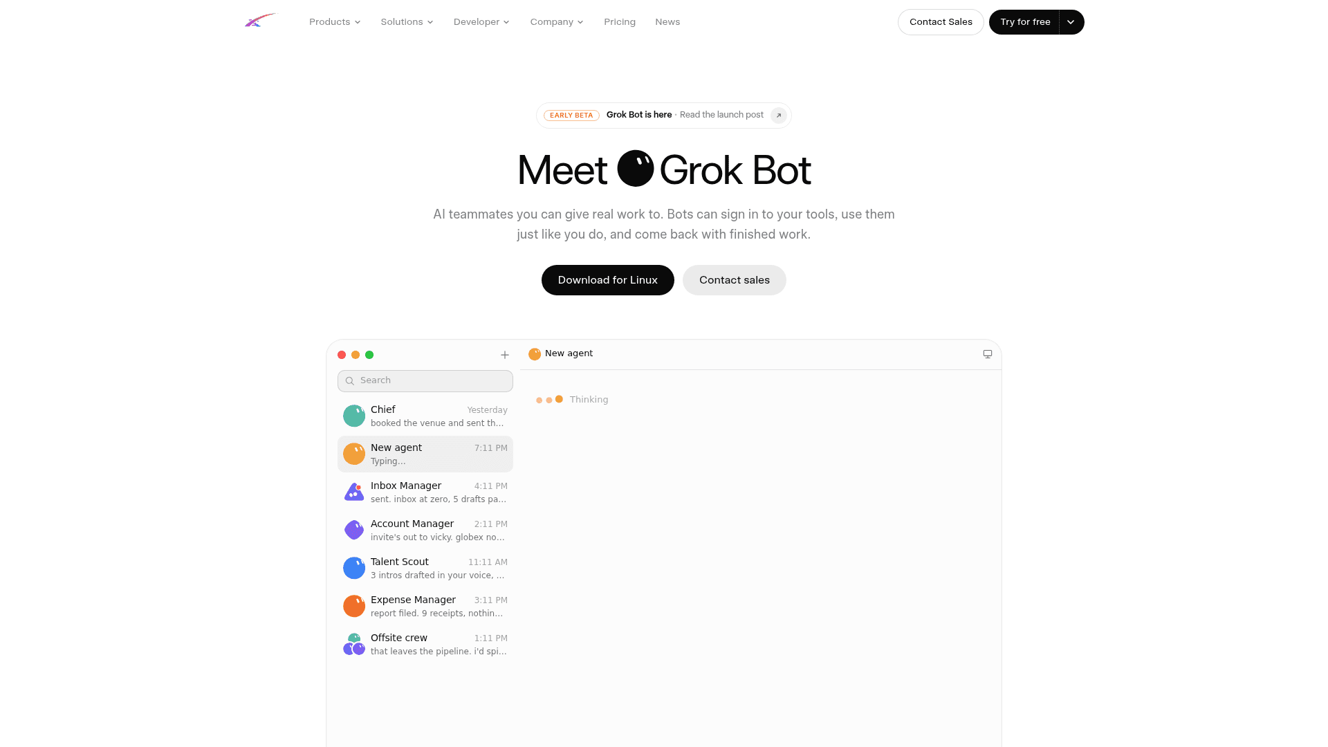 The Grok Bot marketing page showing the Bot roster sidebar with Inbox Manager, Account Manager, Talent Scout and Expense Manager, as taken from x.ai