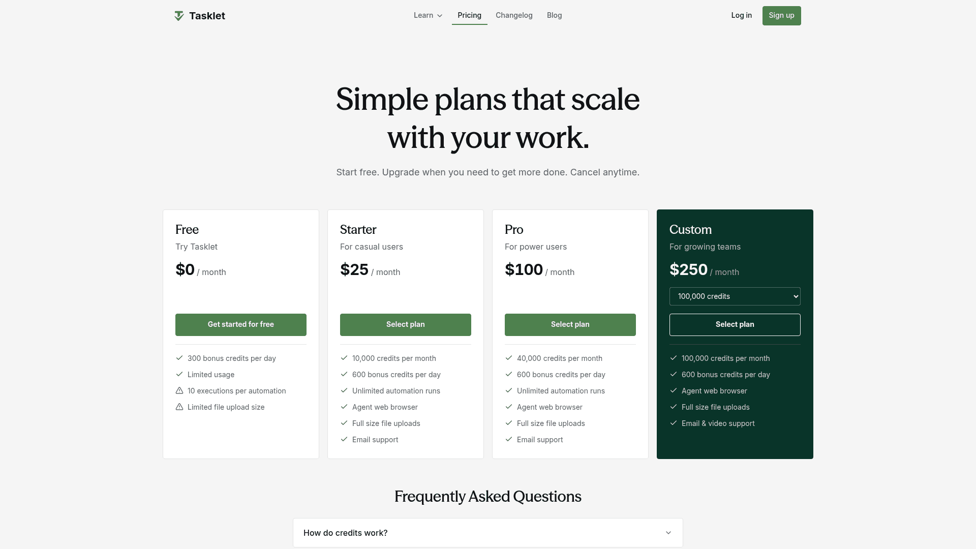 Tasklet pricing page showing Free, Starter, Pro and Custom credit tiers