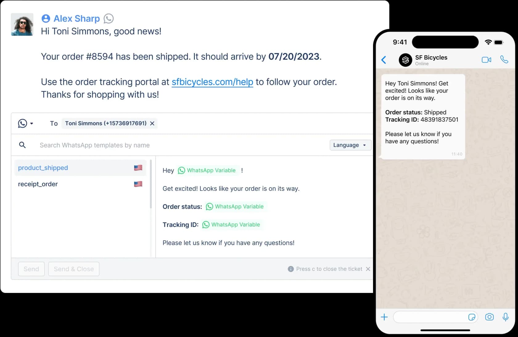 Gorgias WhatsApp composer sending a shipping-update template, next to the message on a phone, as taken from Gorgias