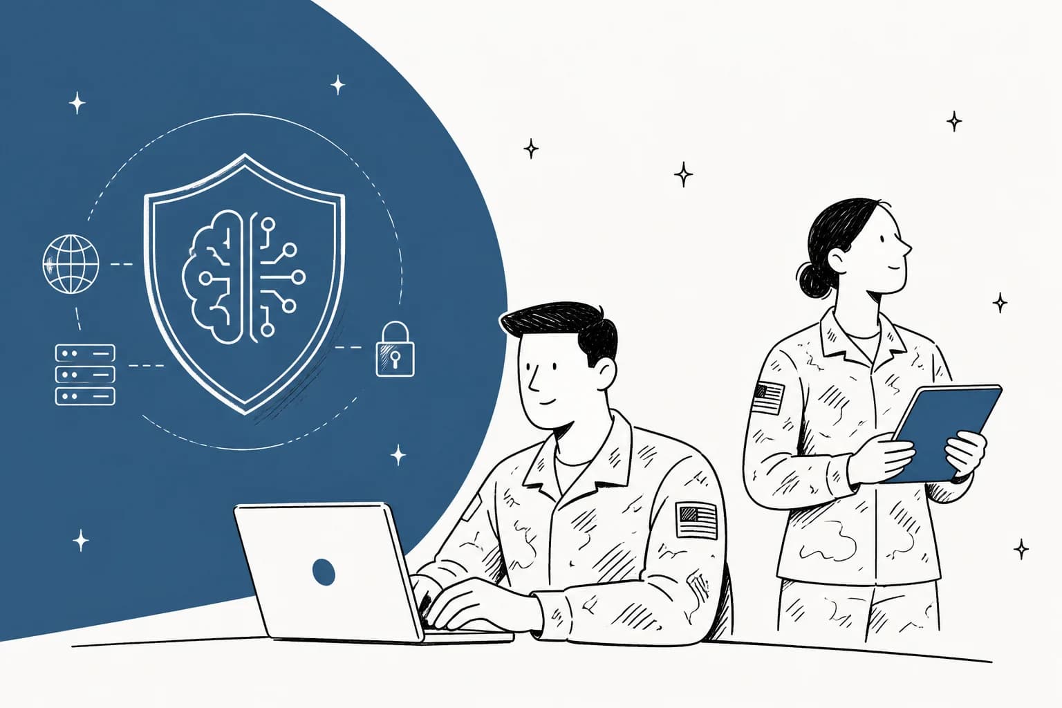 Illustration of a secure government AI platform serving military personnel