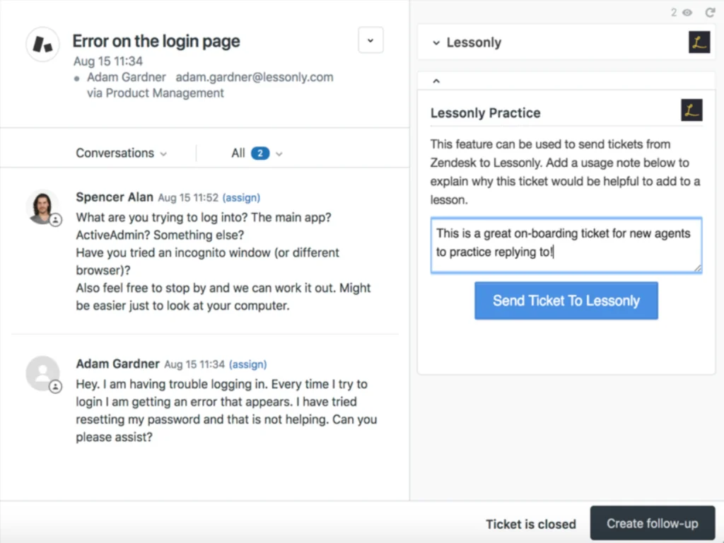 Seismic Learning Practice app inside Zendesk, with a button to send the current ticket to Lessonly as a practice exercise, as taken from the Zendesk Marketplace