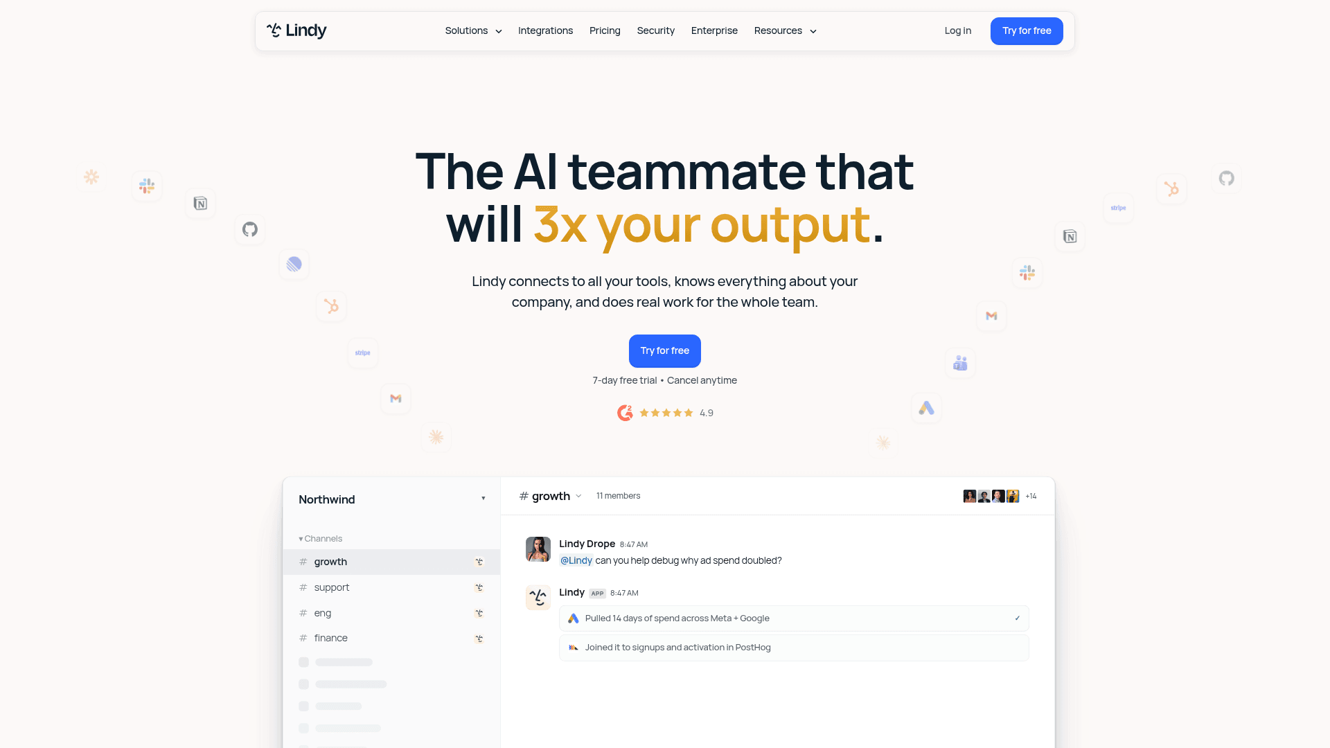 The Lindy AI homepage presenting a single AI teammate you chat with across Slack, Gmail, and the browser