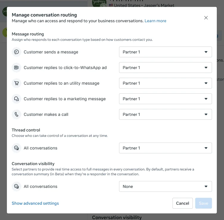 Meta Business Suite dialog for managing conversation routing, assigning a partner to each type of customer message, thread control and conversation visibility, as taken from Meta's developer docs