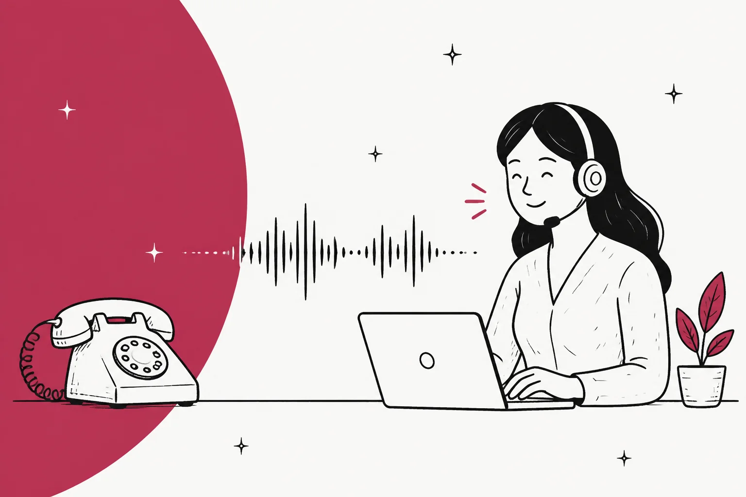 Illustration of a phone line, a sound waveform and a support agent wearing a headset