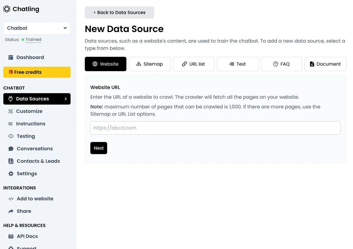 Chatling's data source setup, showing website, sitemap, URL list, text, FAQ, and document options, as taken from Chatling
