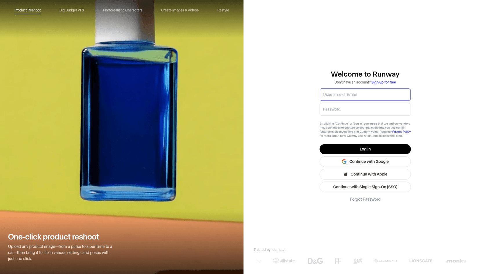 The Runway app sign-in and product showcase, listing Product Reshoot, Big Budget VFX, and Photorealistic Characters, as taken from Runway