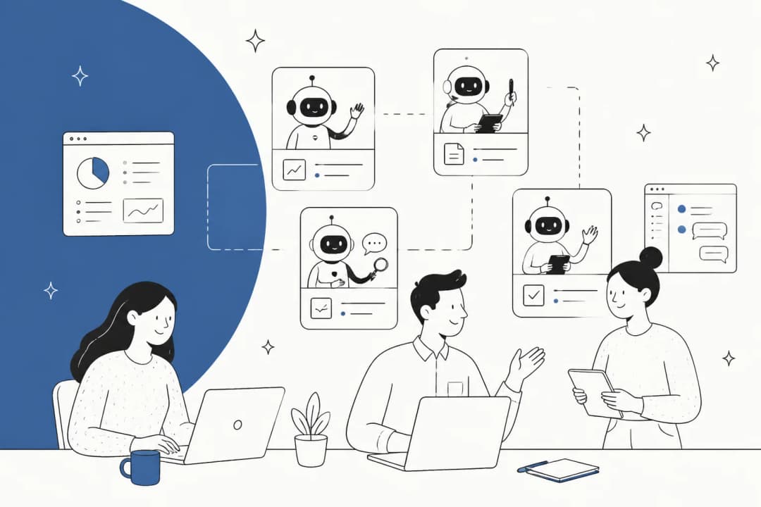 Illustration of a small human team working alongside several named AI role cards connected to their work apps