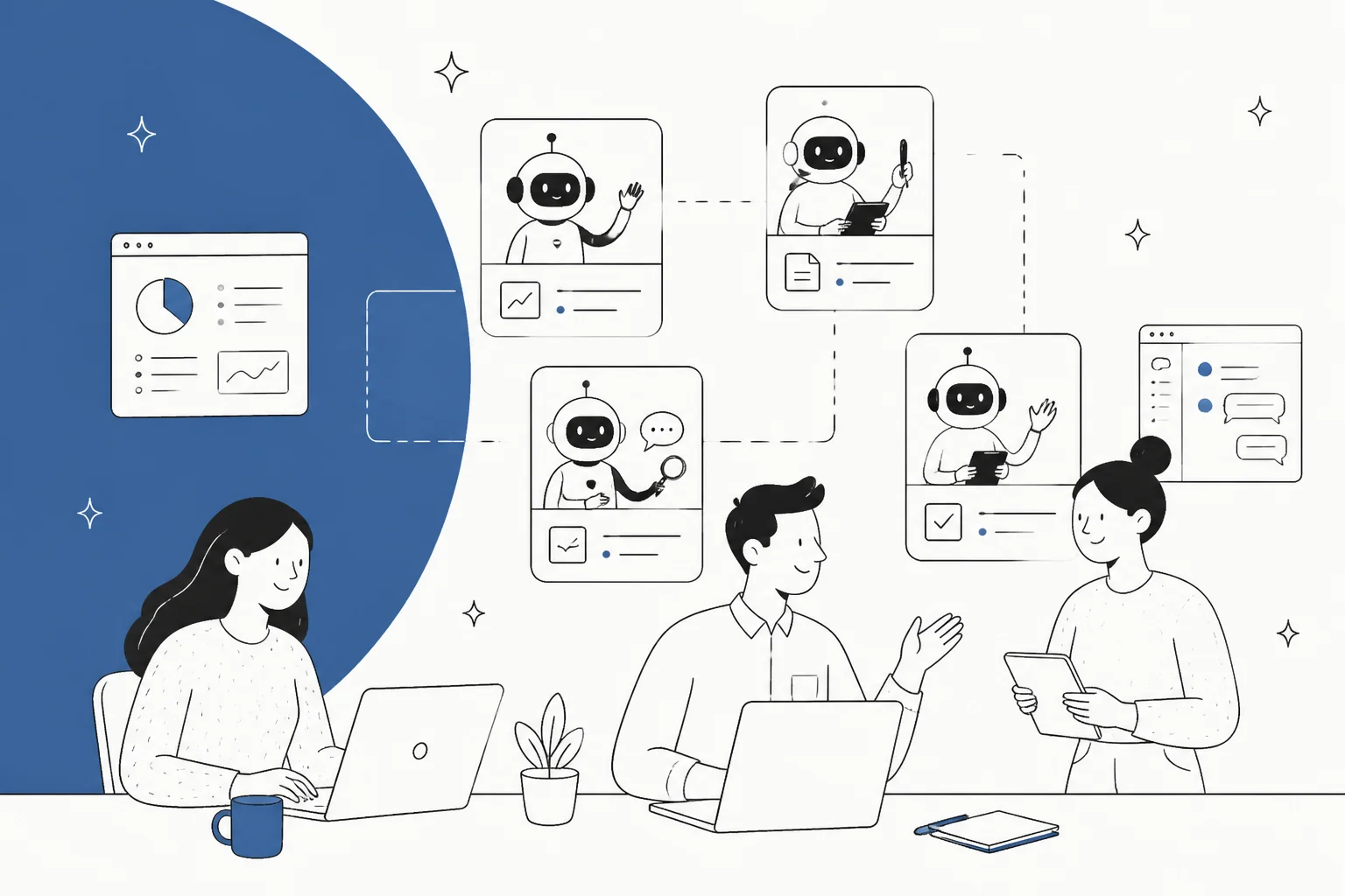 Illustration of a small human team working alongside several named AI role cards connected to their work apps