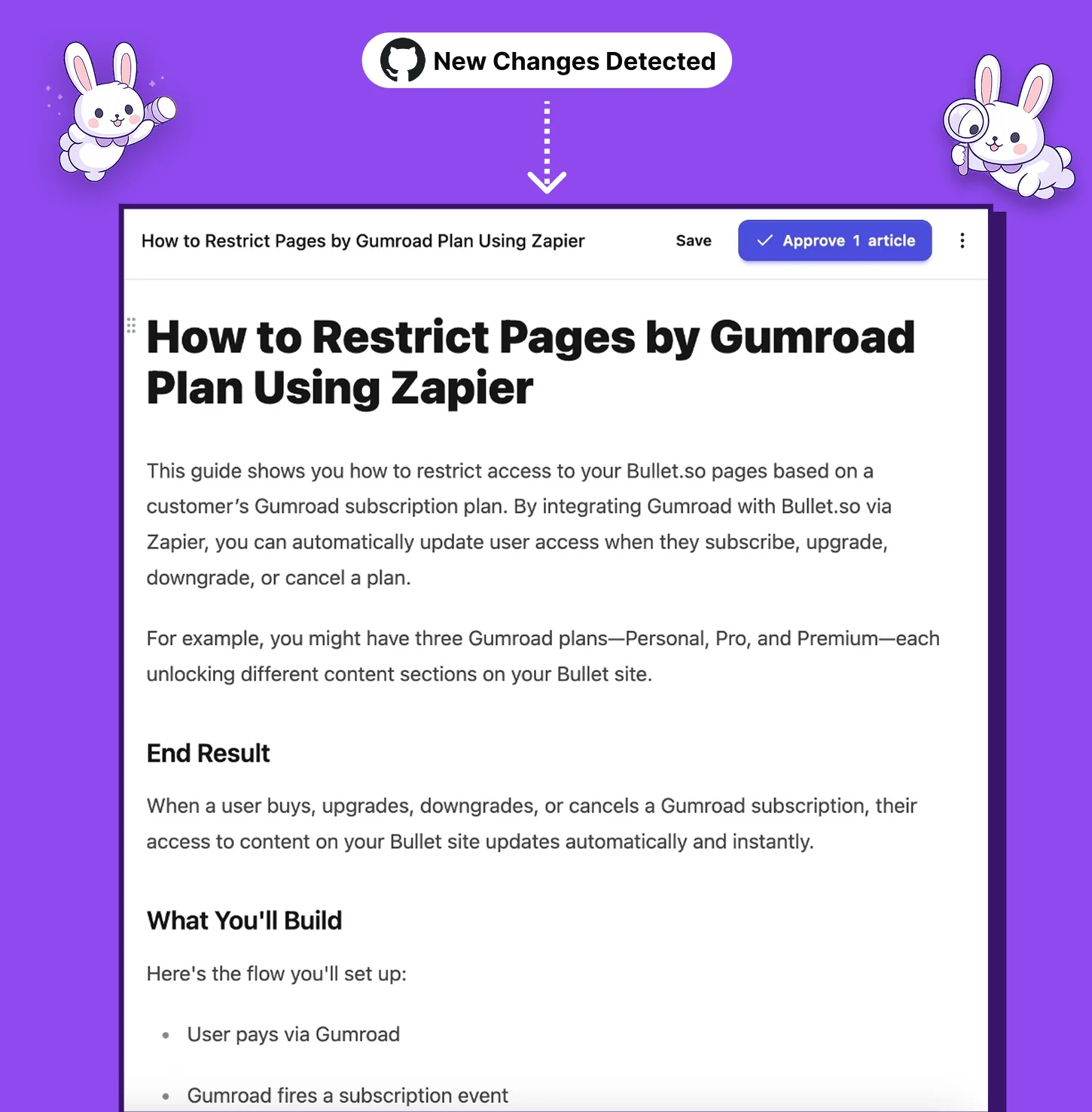 BunnyDesk's editor showing a GitHub "New Changes Detected" pill above a drafted article with an Approve button, as taken from BunnyDesk