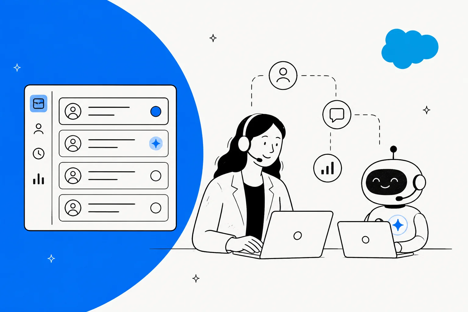 Illustration of a Salesforce Service Cloud case queue with a human agent and an AI agent working tickets side by side