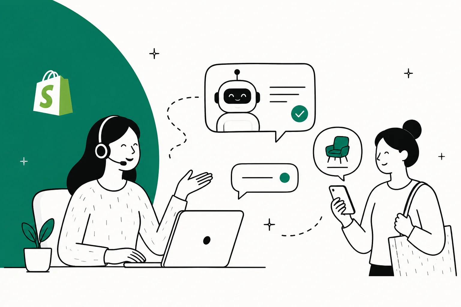 Illustration of an AI chat assistant helping a shopper on a Shopify storefront