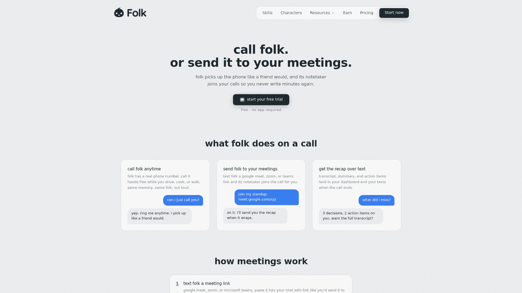 folk's calls page headlined "call folk. or send it to your meetings," with three cards for calling folk, sending it to your meetings and getting the recap over text, as captured from folk.com