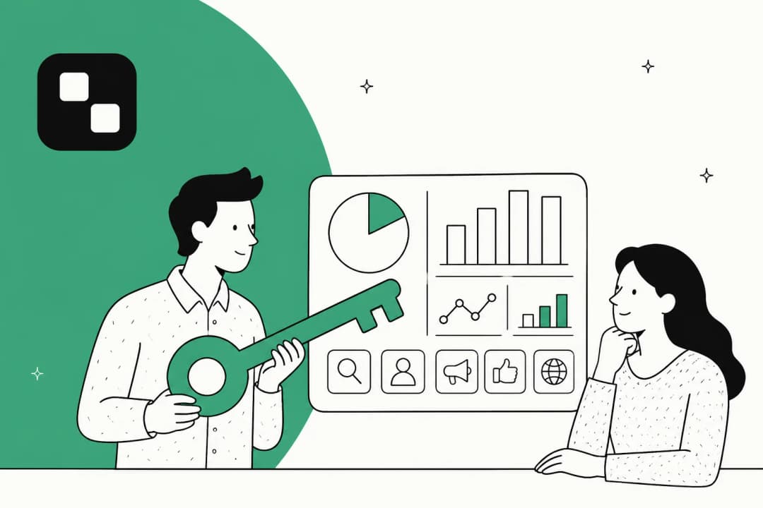 Illustration dessinée à la main d'une personne tenant une grande clé verte à côté d'un tableau de bord de graphiques et d'icônes d'outils, avec le logo Treg dans le coin