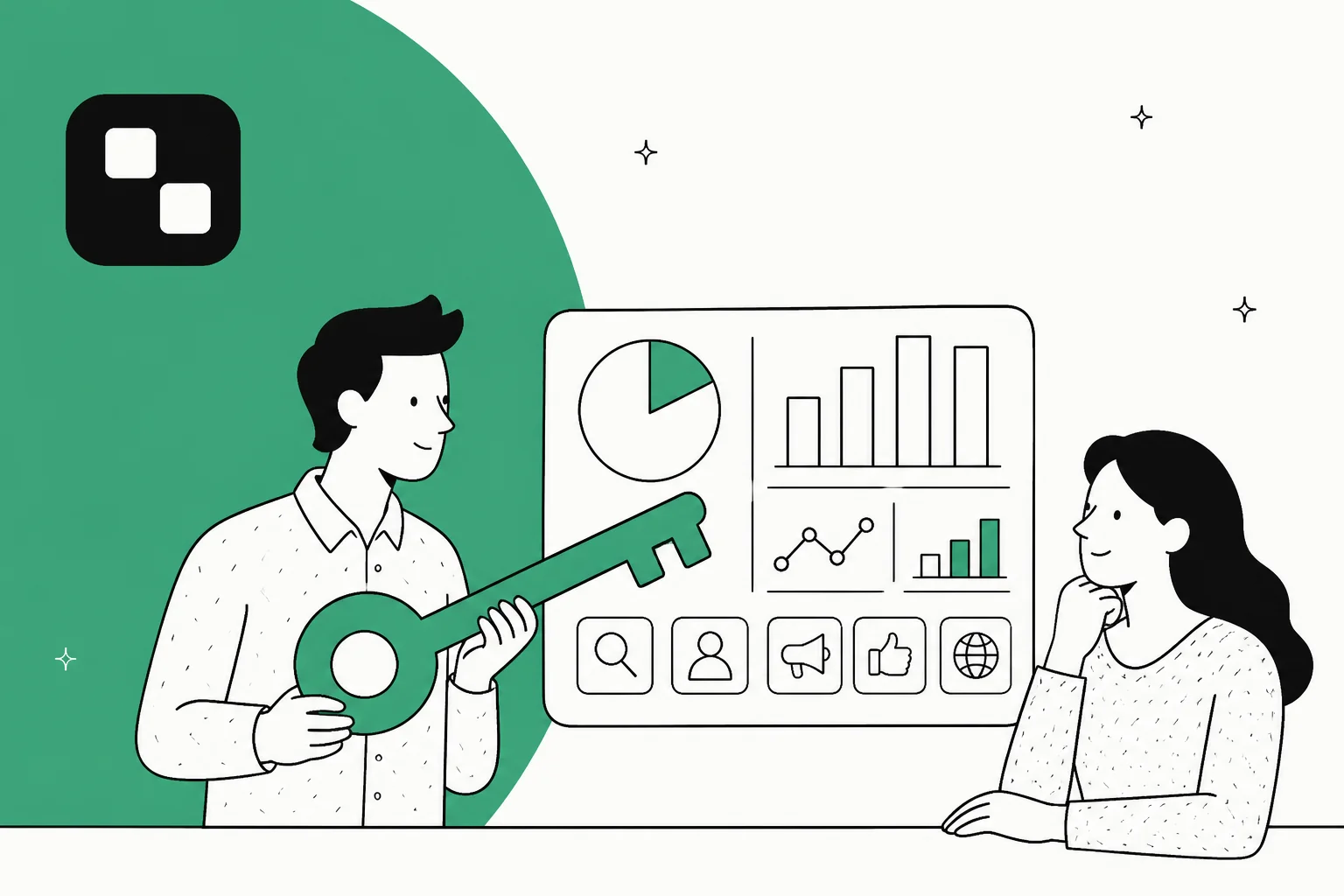Illustration dessinée à la main d'une personne tenant une grande clé verte à côté d'un tableau de bord de graphiques et d'icônes d'outils, avec le logo Treg dans le coin