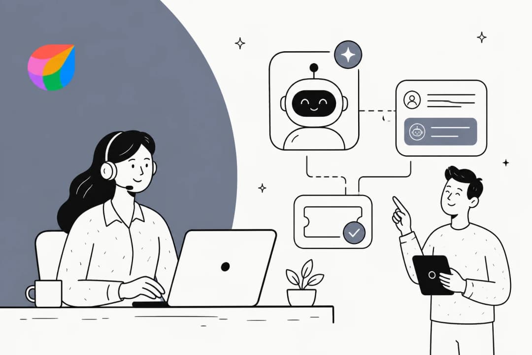Illustration of a support team adding AI agents to a Freshdesk helpdesk