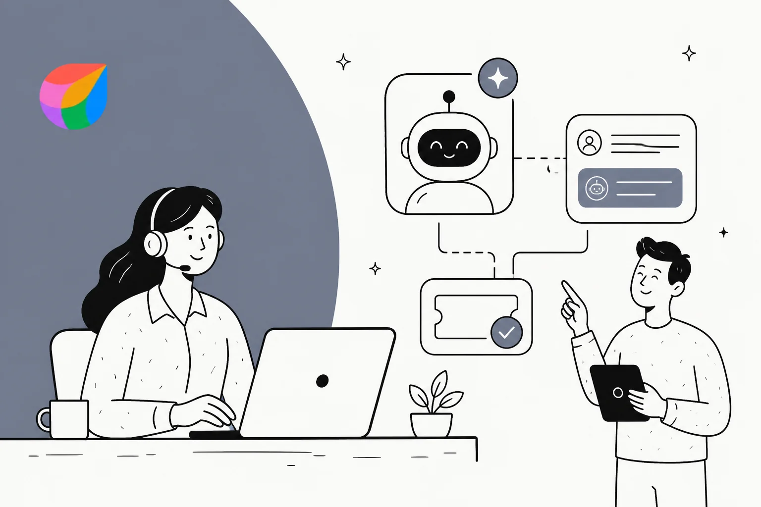 Illustration of a support team adding AI agents to a Freshdesk helpdesk