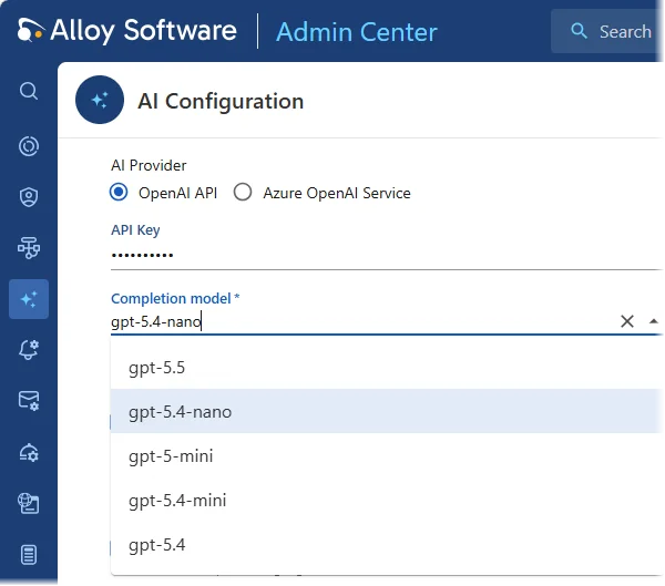 Alloy's AI Configuration screen showing the OpenAI and Azure provider choice, an API key field, and the completion model dropdown, as taken from Alloy Software documentation
