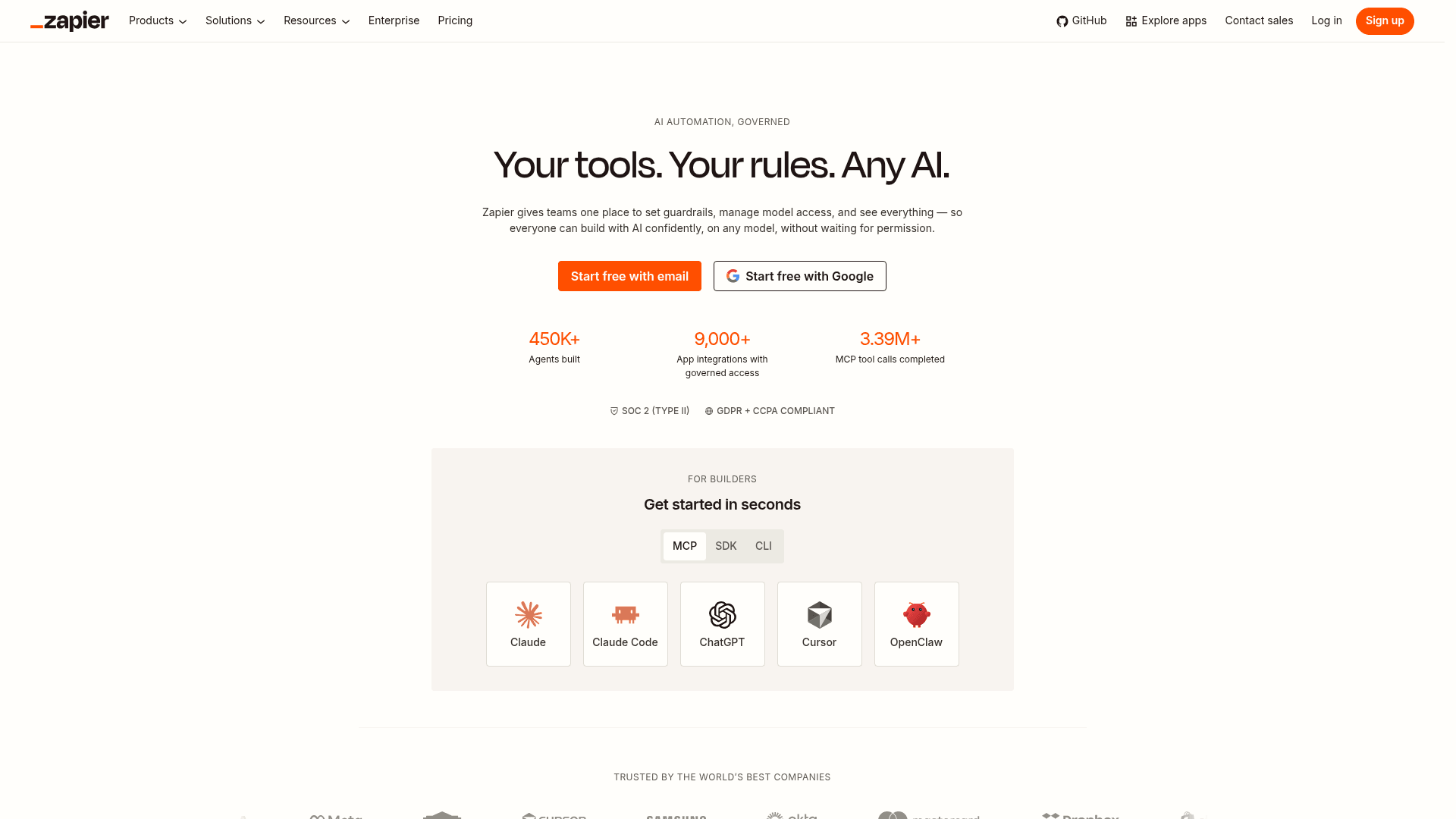 Zapier homepage showing its automation and AI orchestration platform