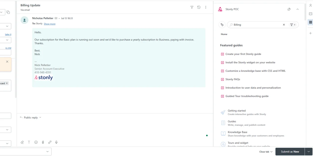 Stonly app open in a Zendesk ticket sidebar with guide search and featured guides next to a billing update email, as taken from Stonly's help center