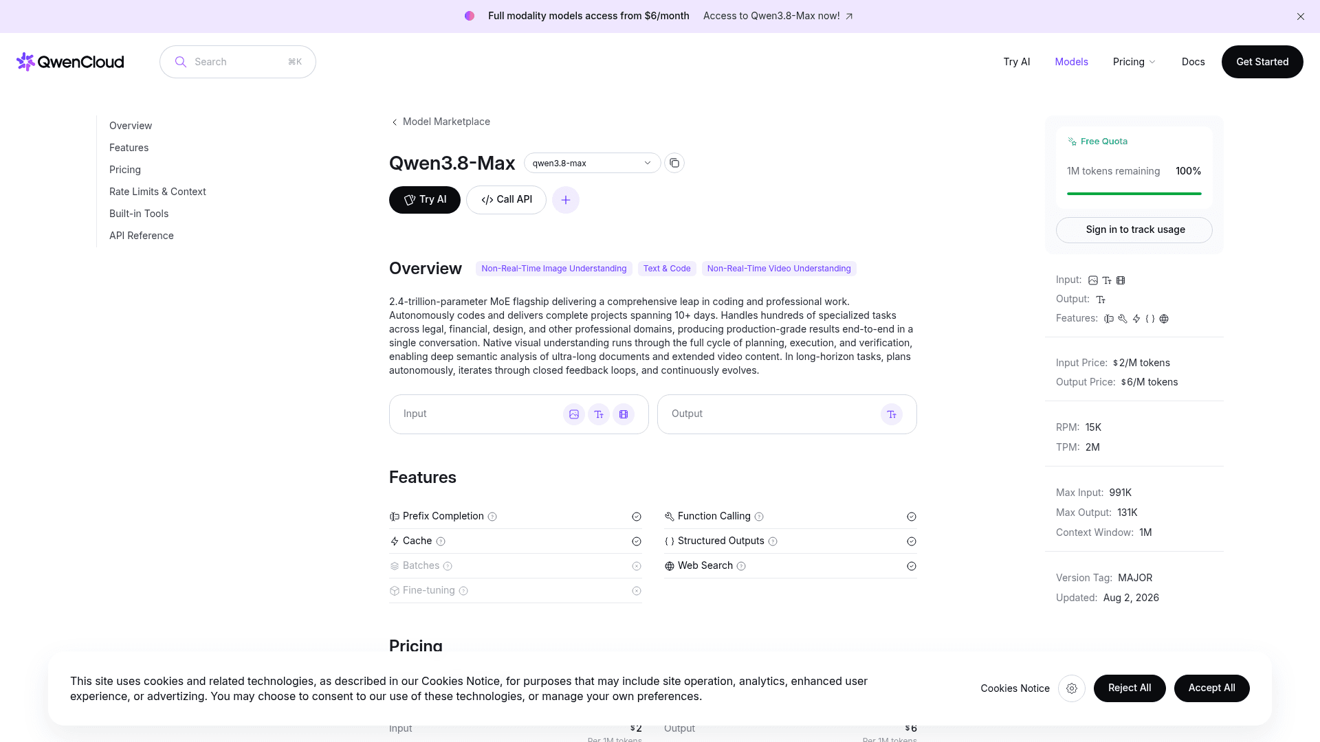 Qwen3.8-Max model page on QwenCloud showing pricing and specs, as taken from QwenCloud