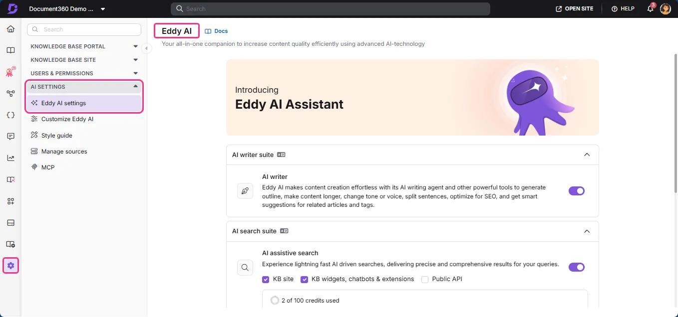 Document360's Eddy AI settings page showing the AI writer suite, AI search suite, MCP, and a credit counter, as taken from Document360