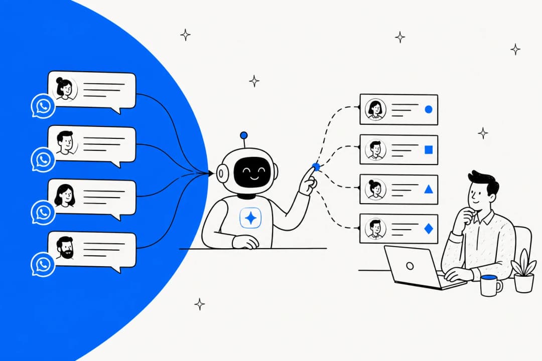 Hand-drawn illustration of WhatsApp chat bubbles flowing to a friendly AI robot that sorts them into a ticket queue while a support agent watches from a laptop