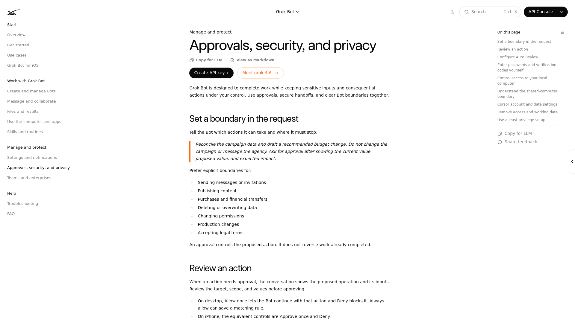 The Grok Bot approvals, security and privacy documentation, as taken from docs.x.ai