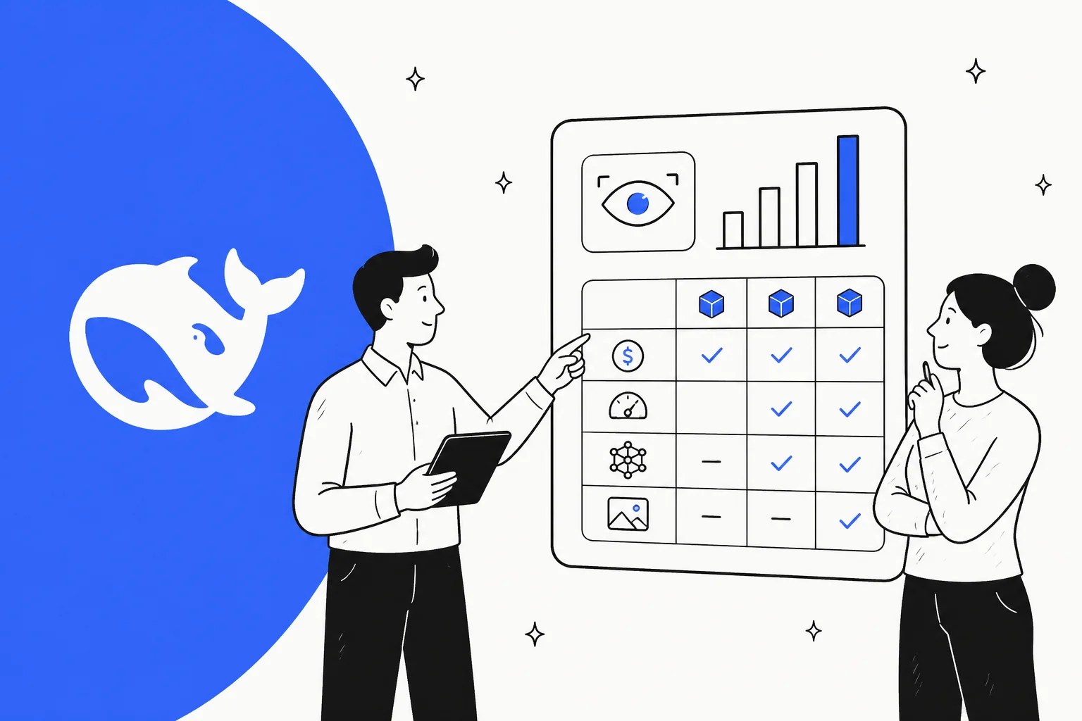 Hand-drawn illustration of a rate card and a stack of screenshots being flattened to a single flat price line beside the DeepSeek whale