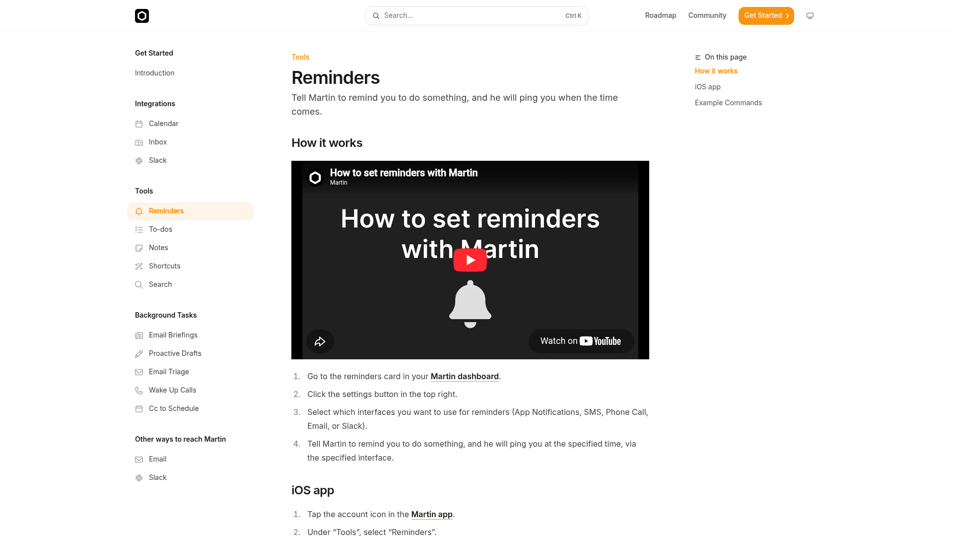 Martin's Reminders docs page, with steps to pick reminder interfaces: App Notifications, SMS, Phone Call, Email or Slack, as taken from docs.trymartin.com