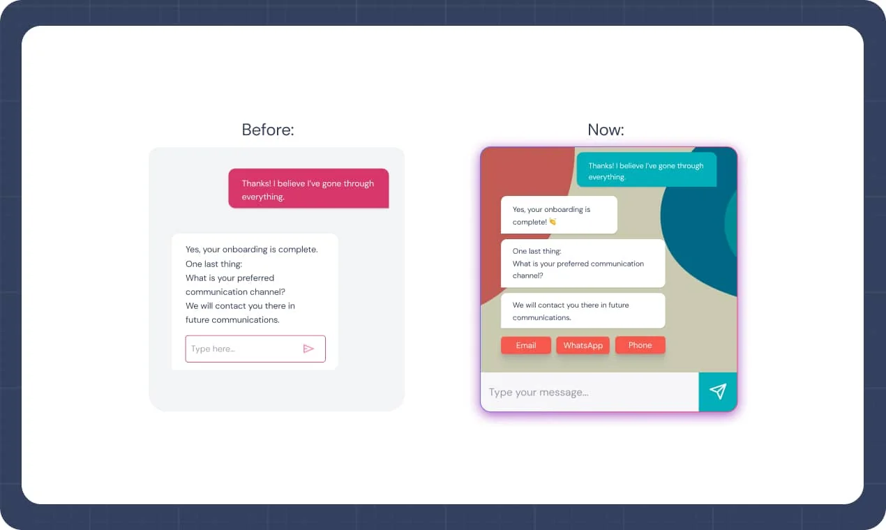 Before and after comparison of a Landbot chat where the new version shows Email, WhatsApp and Phone buttons under the AI's question, as taken from the Landbot 4 launch post