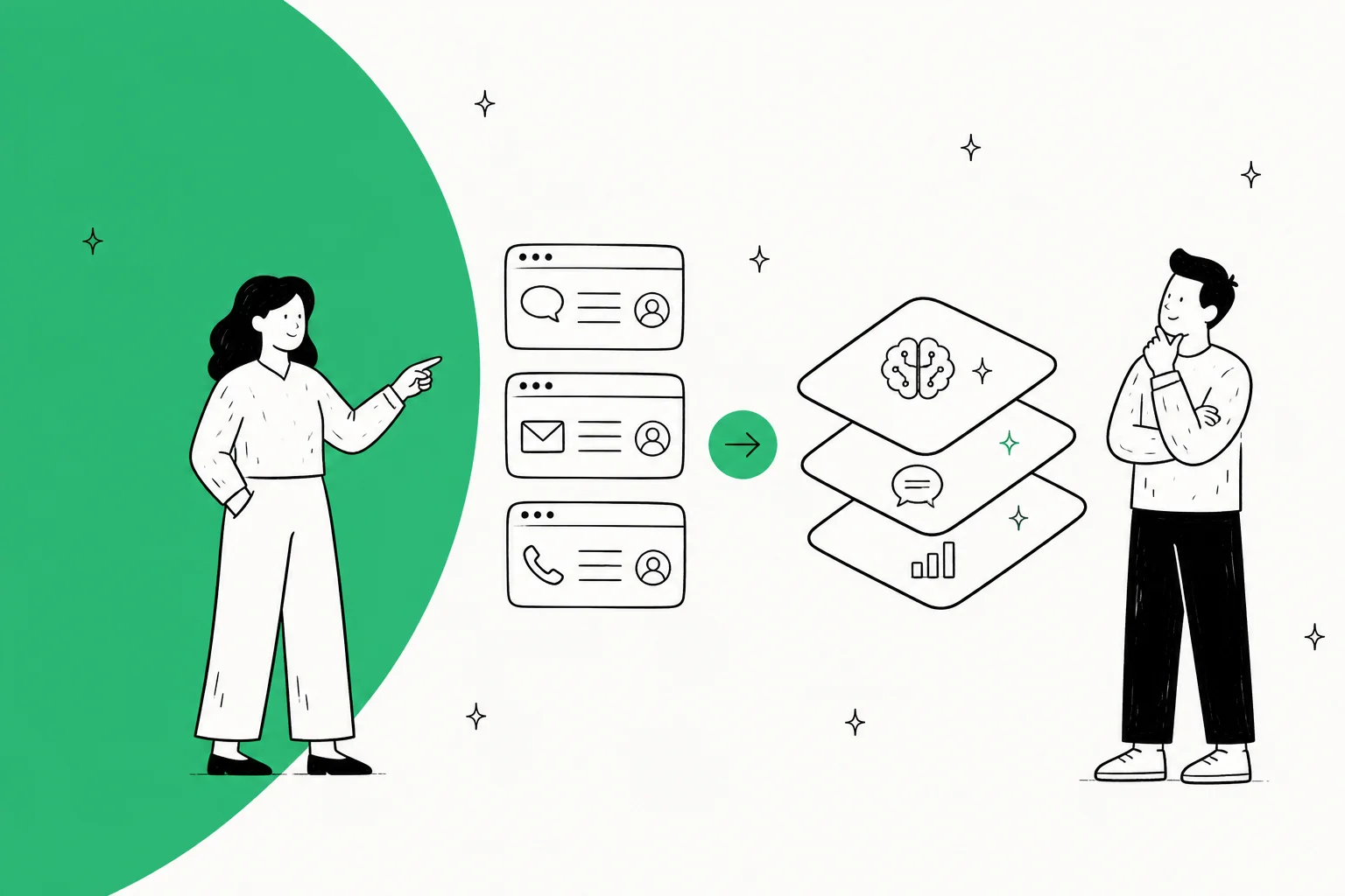 Illustration of the two routes off Freshdesk: replacing the helpdesk or layering AI on top of it