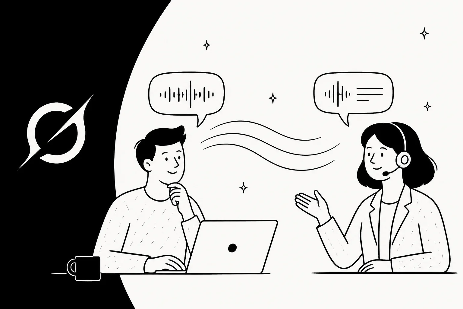 Line illustration of a developer and a support agent talking through voice waveforms, next to the Grok logo
