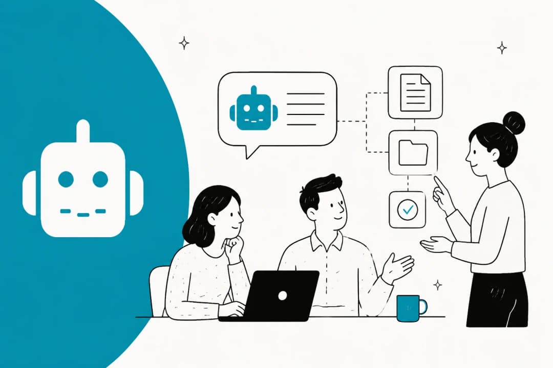 DocsBot AI review cover illustration showing a support bot answering from documentation sources