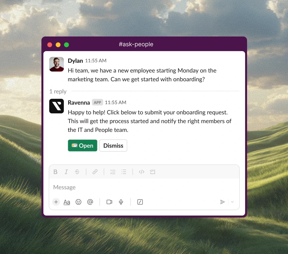 Ravenna's Slack app replying to an employee onboarding request in an #ask-people channel, as taken from Ravenna