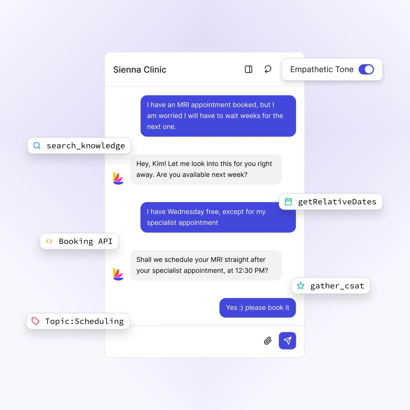 Lorikeet's Concierge agent resolving a clinic scheduling request, calling tools like search_knowledge and a booking API mid-conversation, as taken from Lorikeet