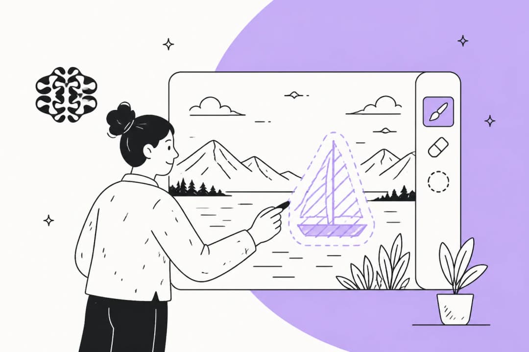 A person brushing a mask over a sailboat in a lake photo on an editing canvas, with brush and eraser tools in the sidebar, in Ideogram's lavender brand colour