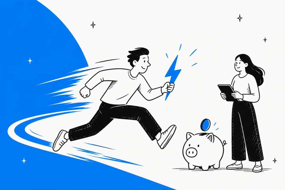 A runner carrying a lightning bolt sprinting past a piggy bank, illustrating GLM-5.3 Flash speed and low cost