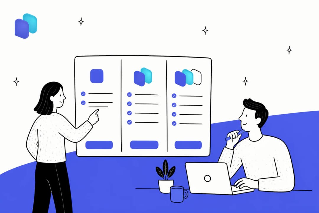Illustration of two people comparing DeskDay pricing tiers on a board