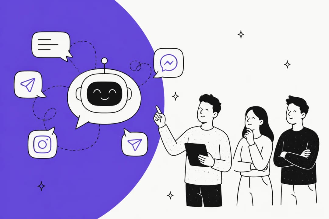 Illustration of a chatbot connecting to Instagram, Messenger and Telegram while three people look on