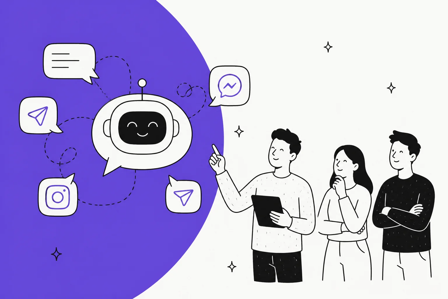 Illustration of a chatbot connecting to Instagram, Messenger and Telegram while three people look on