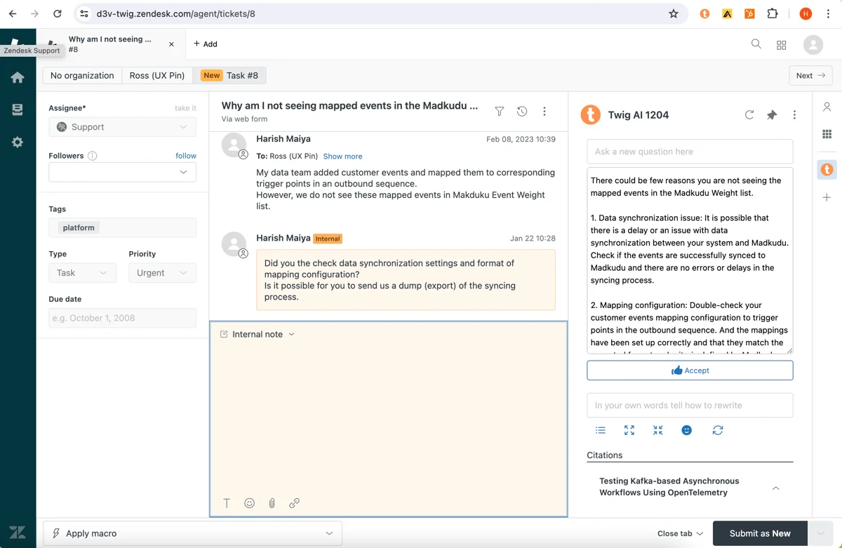 La barra lateral de Twig en Zendesk redactando una respuesta con un botón Accept y un panel de citas, tomado de Twig